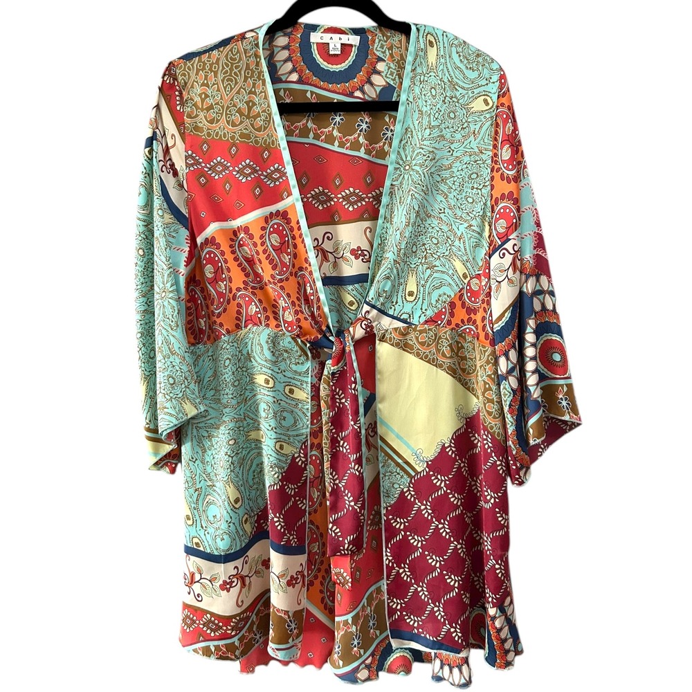 Cabi Women's‎ Oversized Bohemian Patchwork Print Tie Front Kimono Cardigan Large